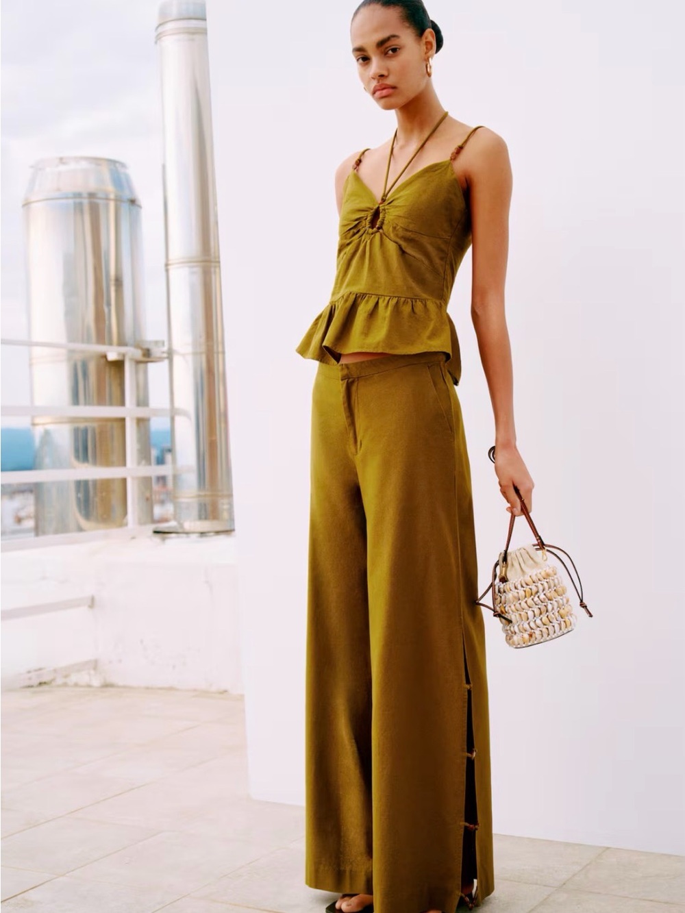 H&M Olive Green Wide-Leg Pants with Matching Peplum Top